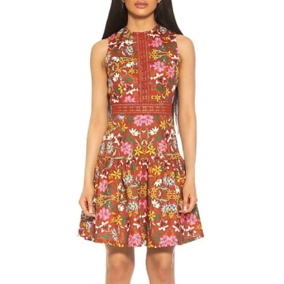 Alexia Admor Rust Floral Justine Lace Trim Flounce Hem Fit Flare Dress M